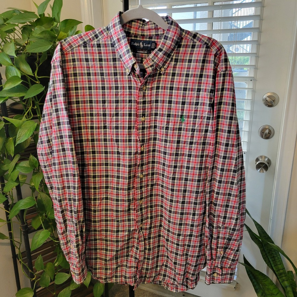 Ralph Lauren Classic Fit Plaid Button Down Shirt Mens XL Red Blue Green Pony